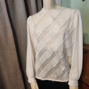 Vtg Gailord White Satin Tiered Fringe Long Sleeve Blouse Sz 10 80s Secretary